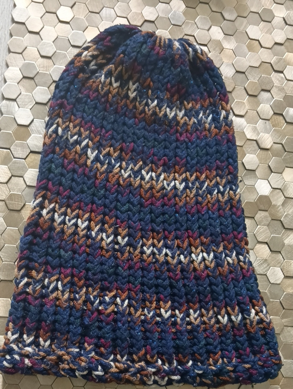 Knit Slouch Beanie Hat in Navy Multicolor